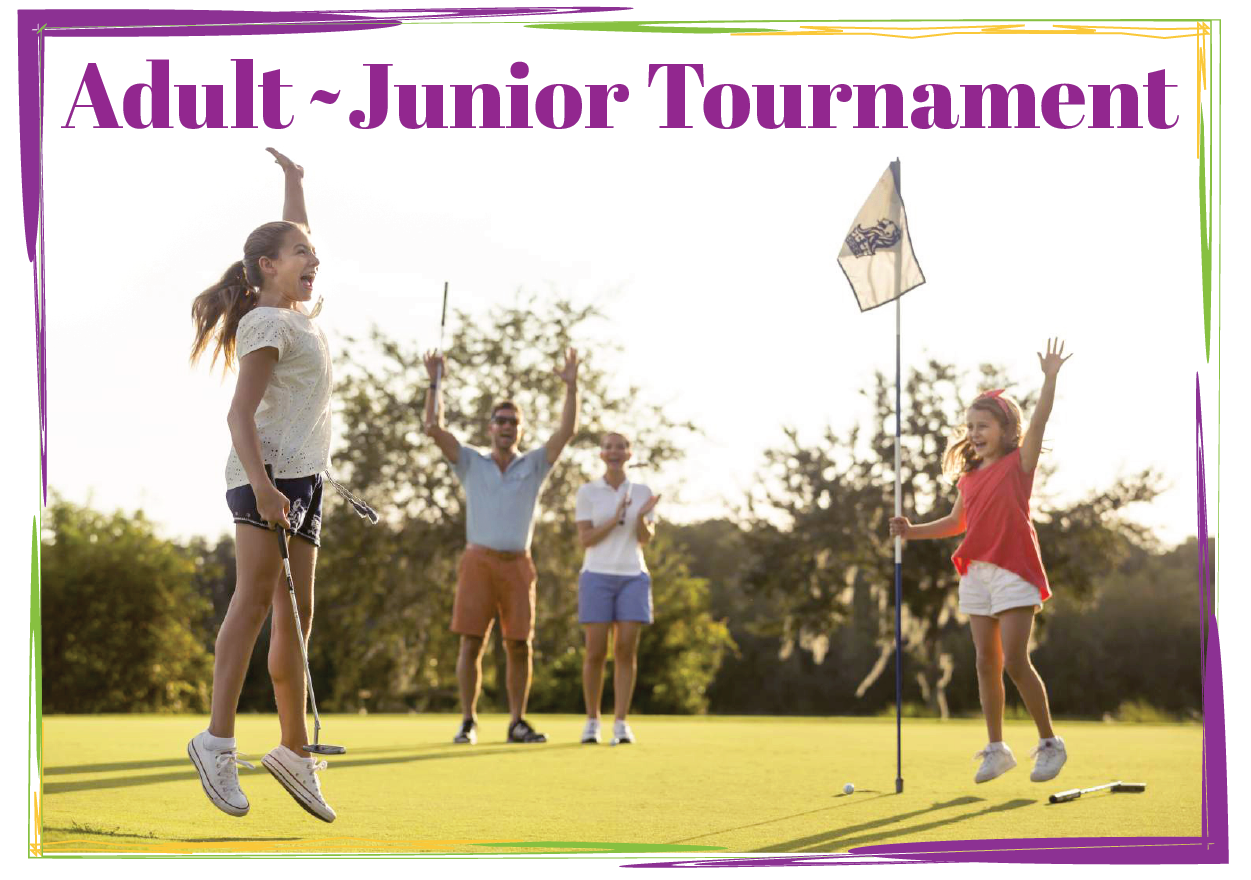 Adult JuniorTournament Headline on image of family golfing with child making putt on green